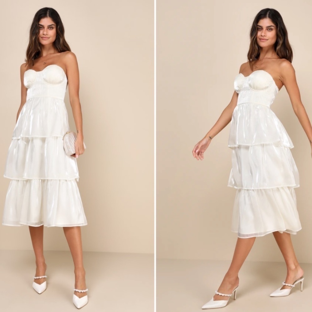 Lulu's White Strapless Tiered Midi Dress